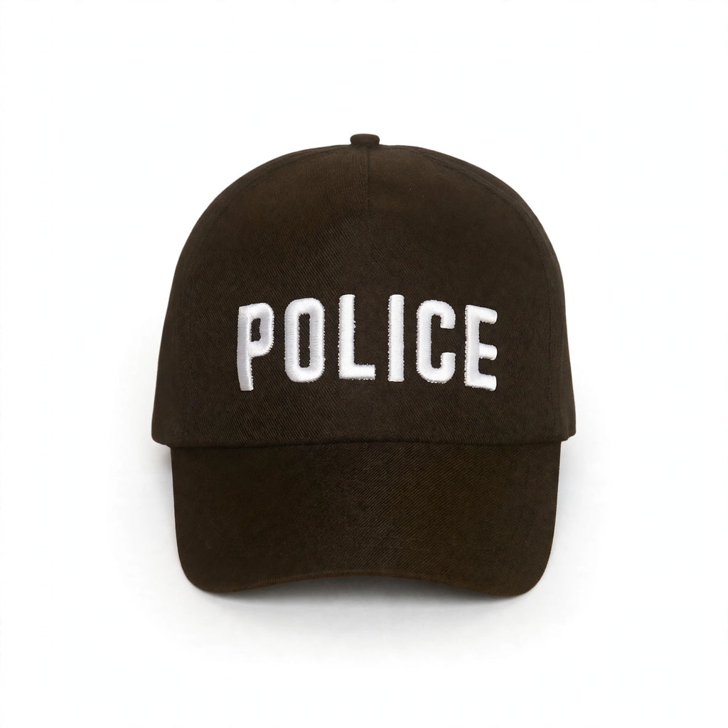 Black and white police cap with white POLICE lettering and adjustable back strap