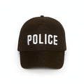 Black and white police cap with white POLICE lettering and adjustable back strap