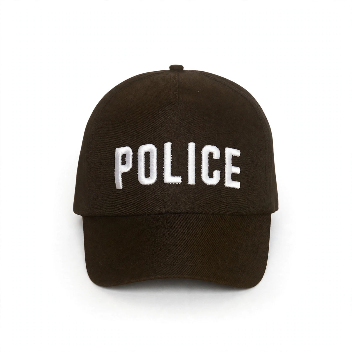 Black and white police cap with white POLICE lettering and adjustable back strap