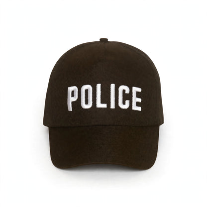 Black and white police cap with white POLICE lettering and adjustable back strap