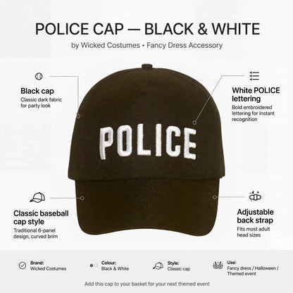 Police cap features including black color, white POLICE lettering, adjustable back strap, and classic baseball cap style