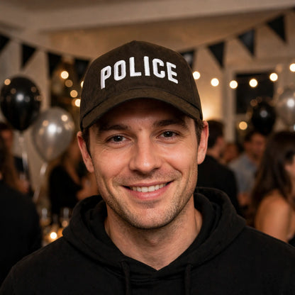 Police cap worn as part of a costume at a fancy dress event