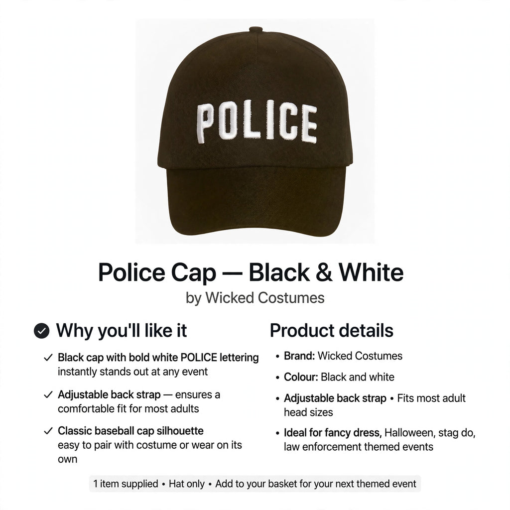 Police cap fits most adult head sizes with adjustable back strap for comfort