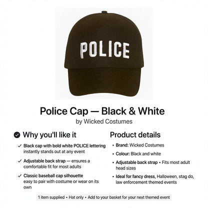 Police cap fits most adult head sizes with adjustable back strap for comfort
