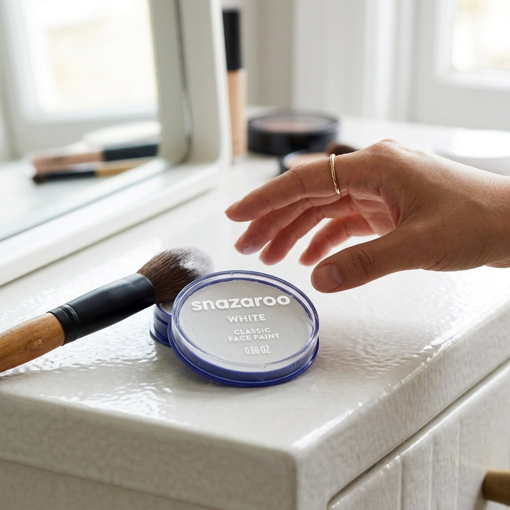 A hand reaches toward a round blue-lidded container of Snazaroo White Classic Face Paint on a white vanity counter, with a makeup brush nearby and a mirror in the background.