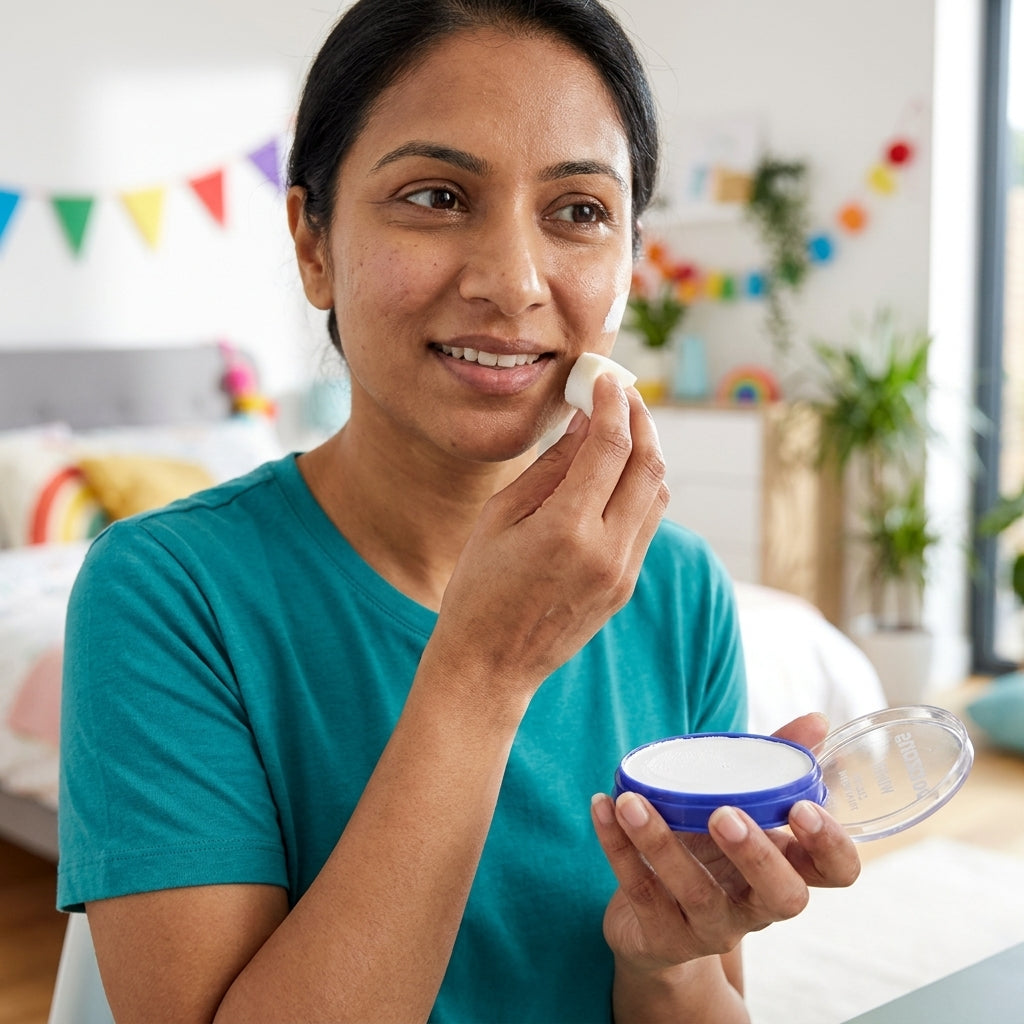 A woman in a teal t-shirt applies cream makeup from an open blue-lidded compact with a white sponge on her cheek in a brightly lit bedroom.