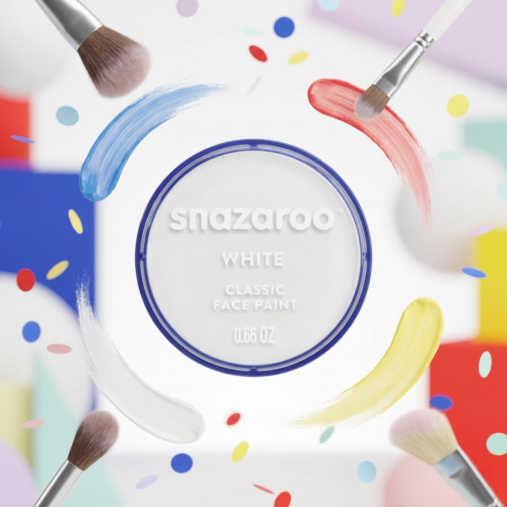 Snazaroo White Classic Face Paint compact shown in a circular compact case, surrounded by colorful paint brushstrokes and paintbrushes on a light background.