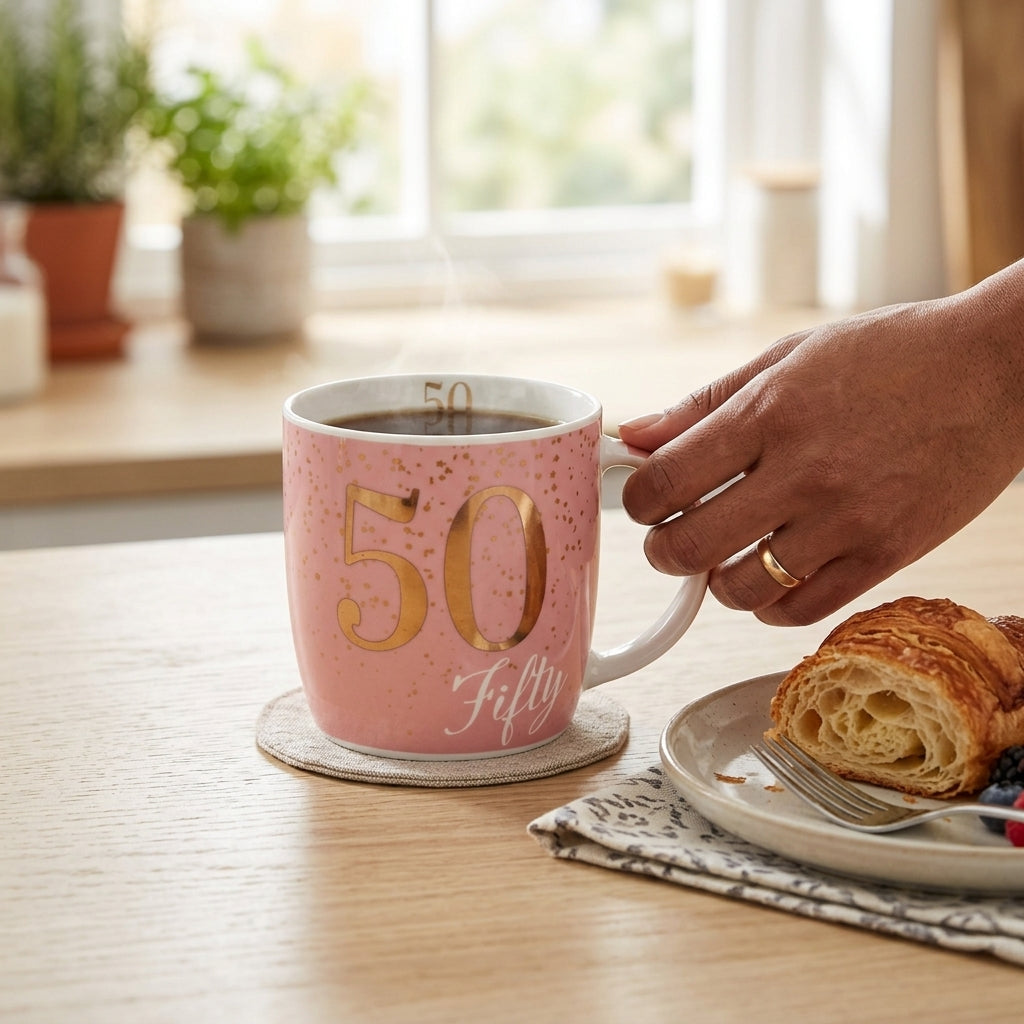 Boxed Birthday Gift Mug Age 50 Pink And Gold