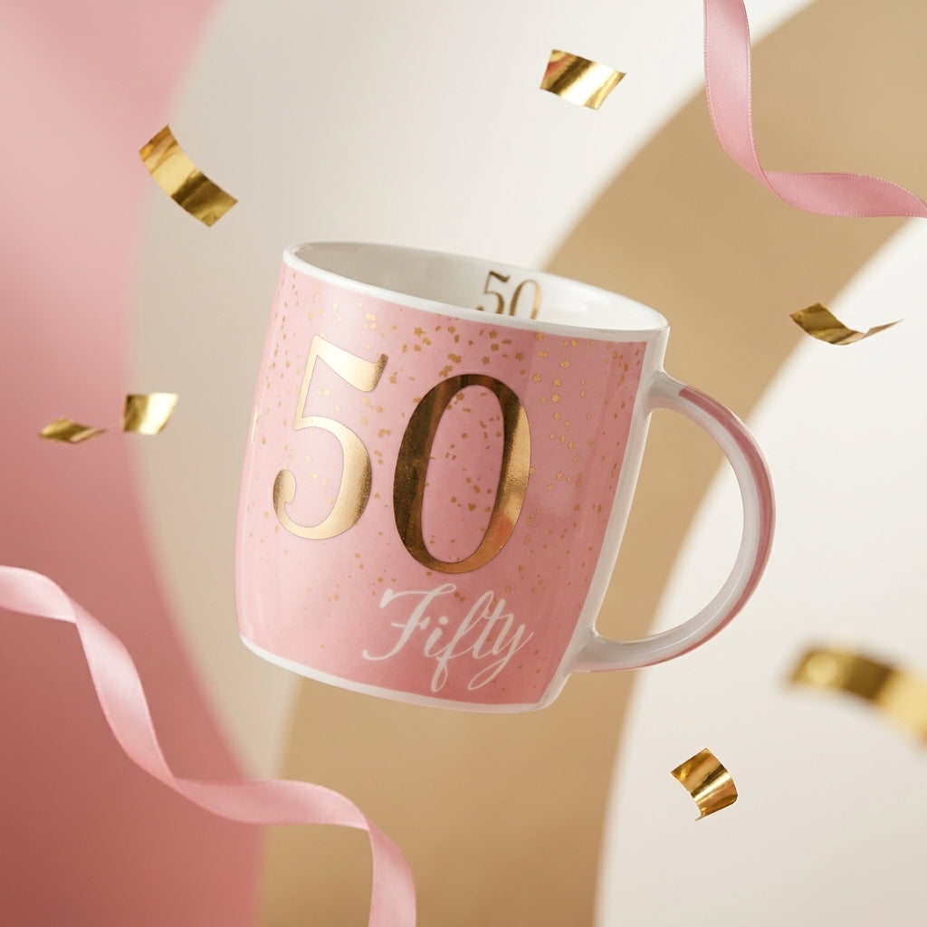 Boxed Birthday Gift Mug Age 50 Pink And Gold