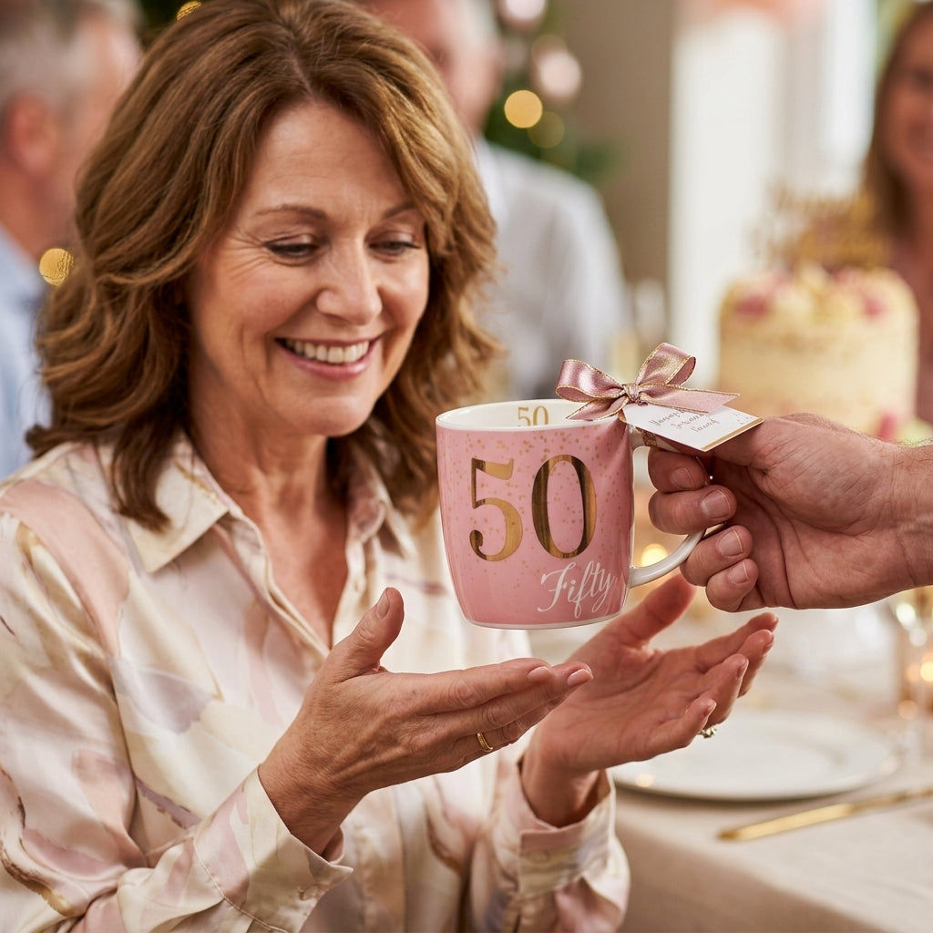 Boxed Birthday Gift Mug Age 50 Pink And Gold