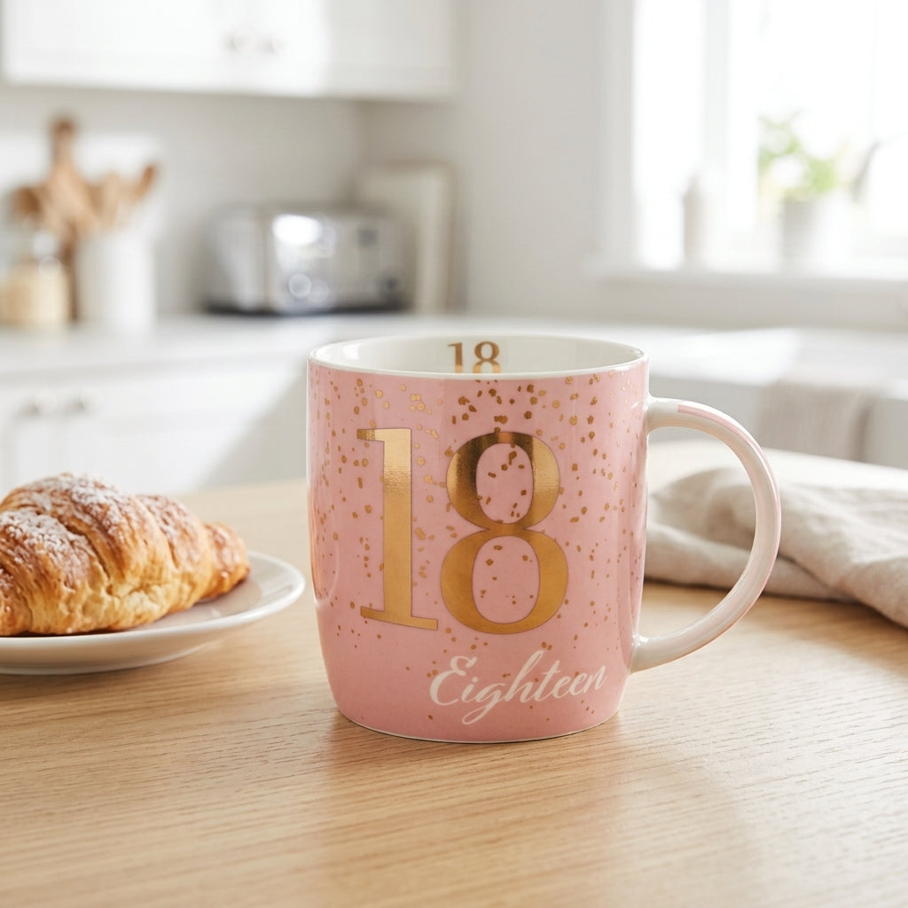 Boxed Birthday Gift Mug Age 18 Pink And Gold