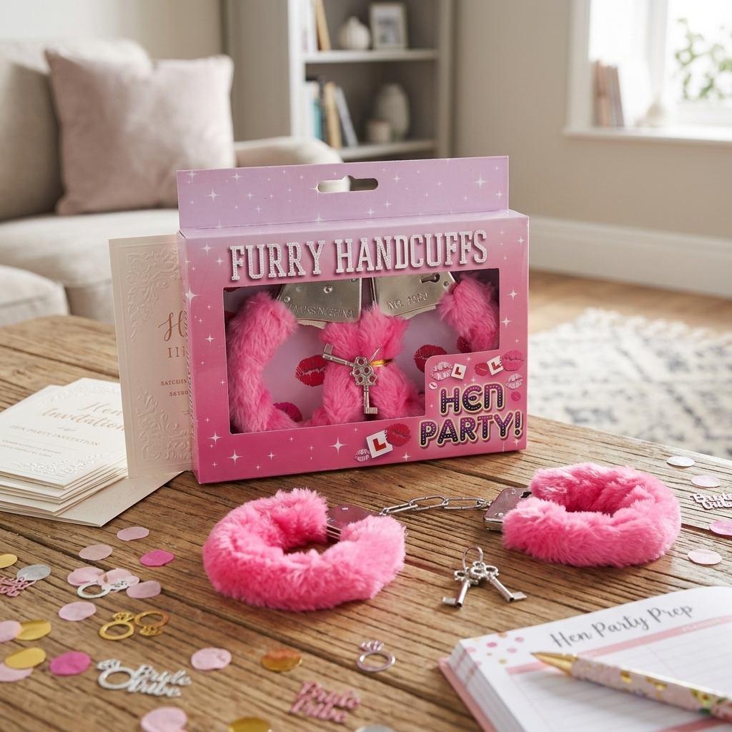 A pink furry handcuff gift set displayed on a wooden table in a cozy living room setting. The set includes a pair of bright pink fluffy handcuffs, a matching pink box labeled 'FURRY HANDCUFFS Hen PARTY!', a small key, and a silver keychain.