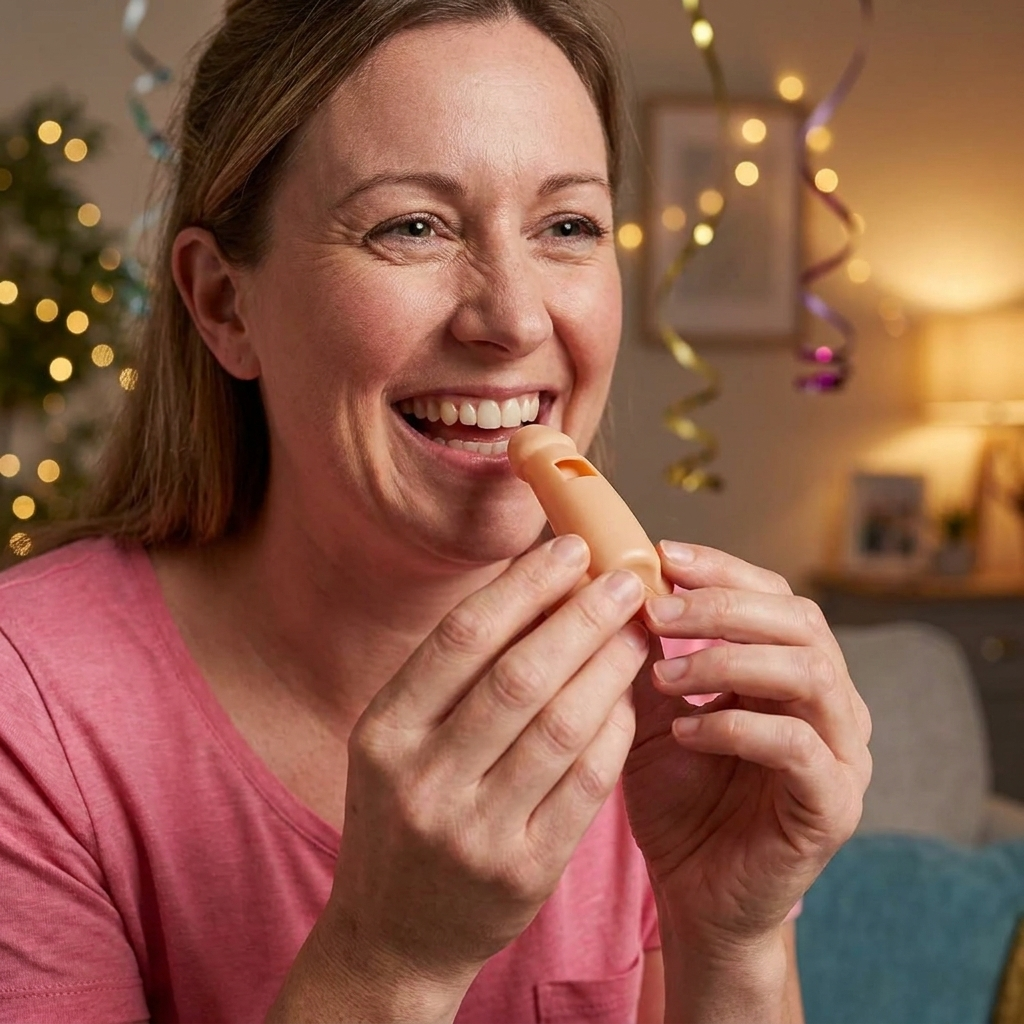 A smiling woman in a pink shirt holds a small flesh-toned novelty item near her mouth in a warmly lit indoor setting with holiday lights and streamers in the background.