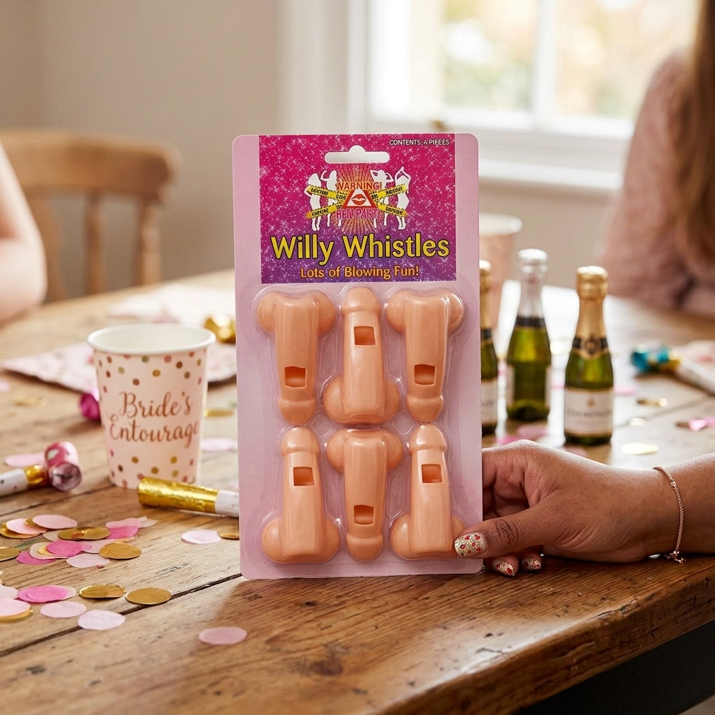 A hand holds a blister pack of novelty plastic male-shaped party whistles on a wooden table at a party. The package is labeled 'Bachelorette Crazy Stickers Willy Whistles' and contains six peach-colored plastic whistles.