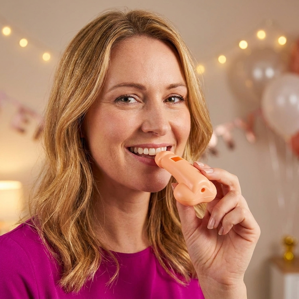 A smiling woman with blonde hair holds a small peach-colored silicone toy in her hand, wearing a bright pink top against a softly lit party background with balloons and string lights.