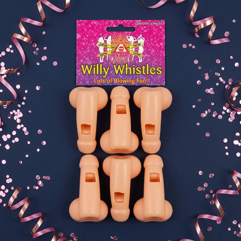 Six novelty plastic blowing toys shaped like phallic forms, arranged in two columns below a pink retail header card labeled 'Willy Whistles.' The products are photographed on a dark navy background with pink and rose gold confetti and ribbon streamers around them.