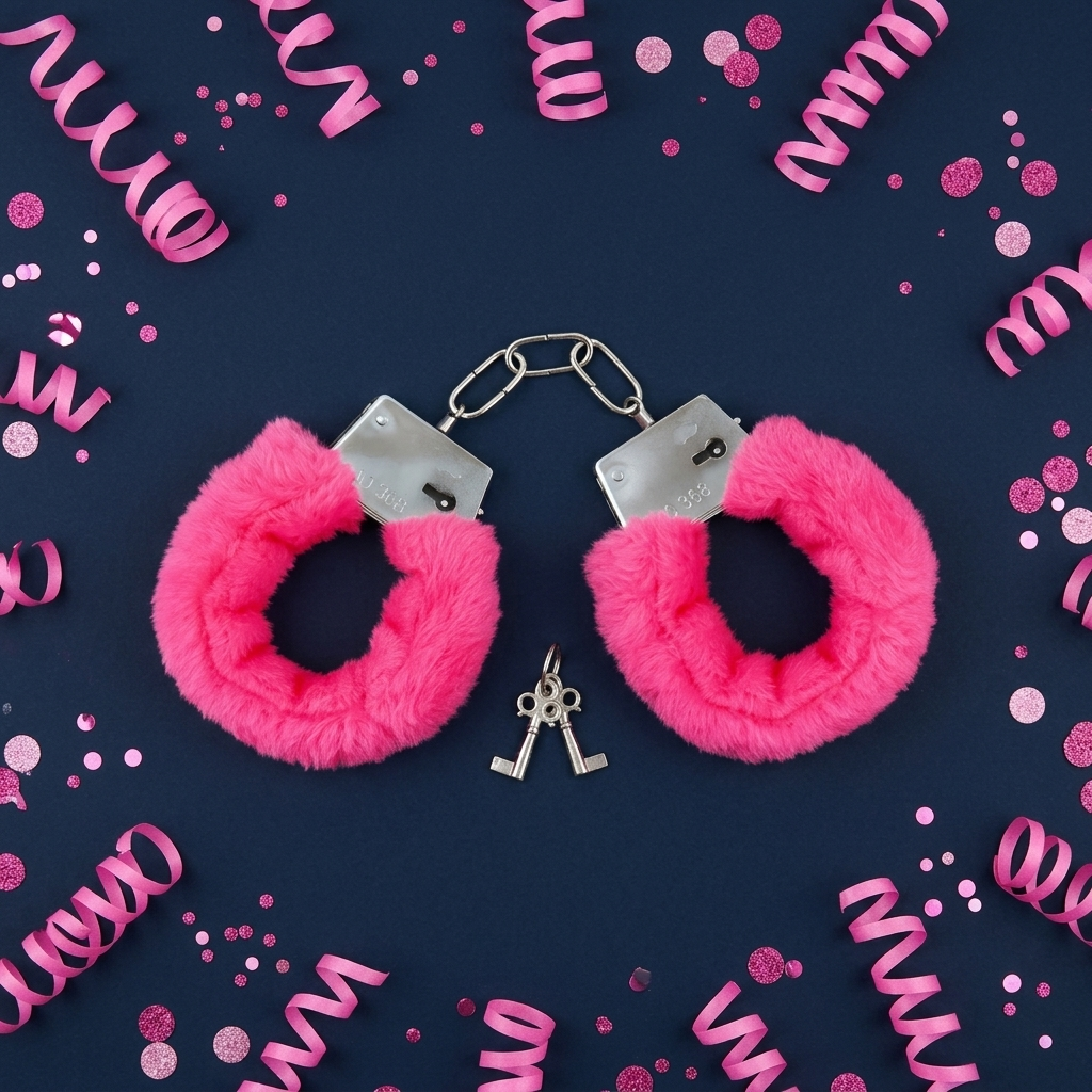 Bright pink fuzzy novelty handcuffs with silver metal clasps and keys, arranged on a dark navy background with pink confetti and streamers.