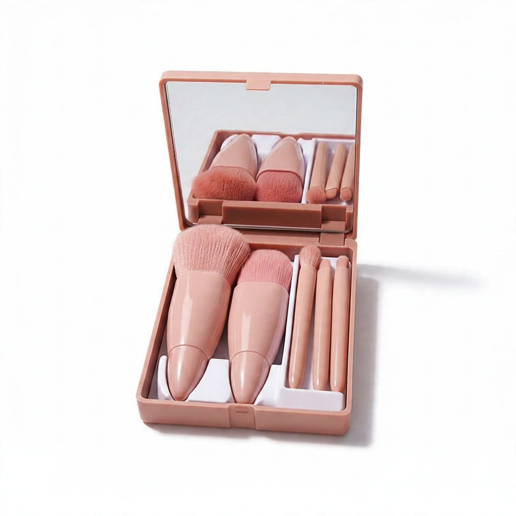 Portable Makeup Brush Set with five brushes and built-in mirror in beige faux-suede case