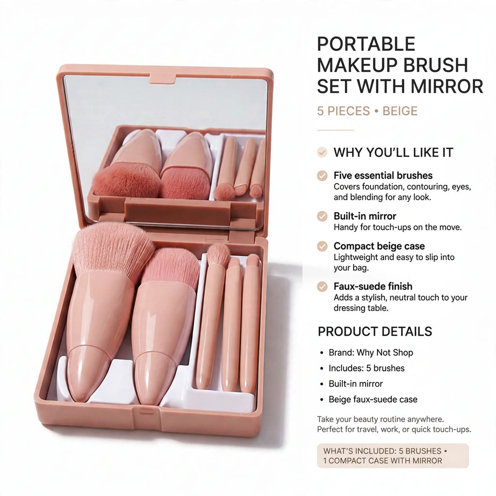 Portable makeup brush set with five brushes and built-in mirror for on-the-go use