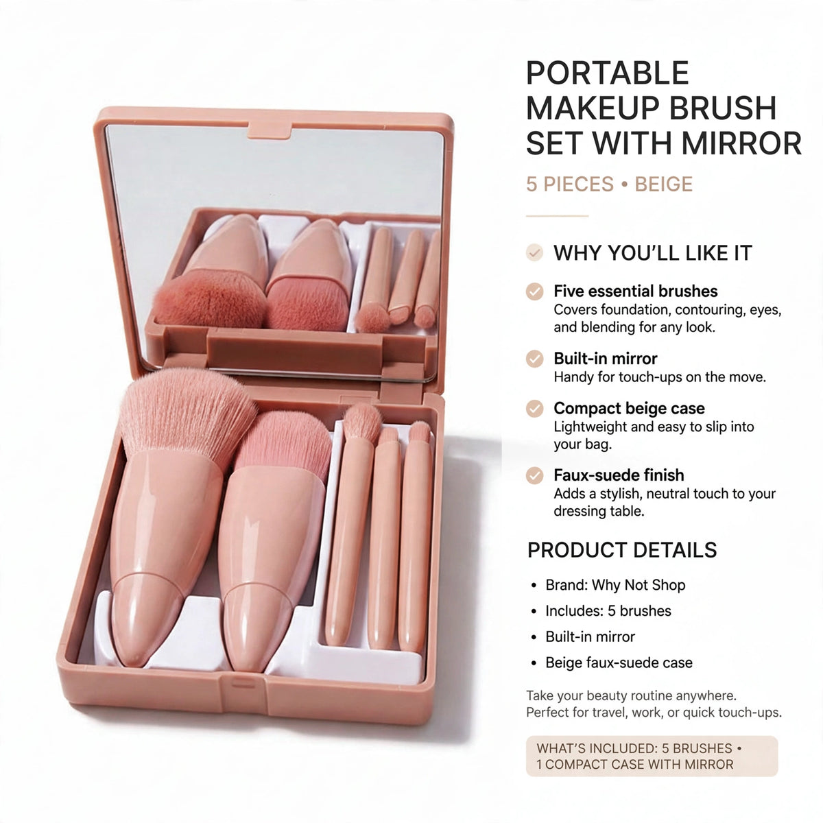 Portable makeup brush set with five brushes and built-in mirror for on-the-go use