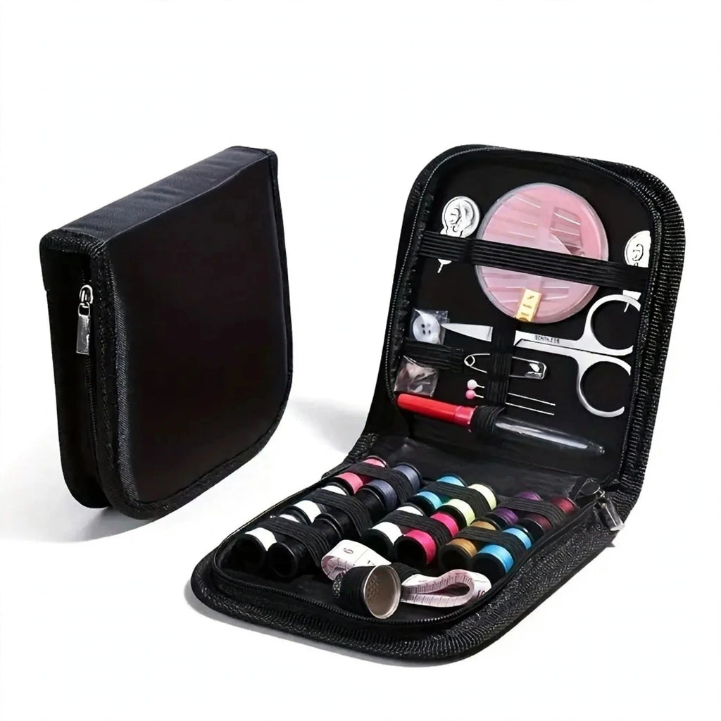 Portable mini travel sewing kit in a slim black case with needles, thread, buttons, and scissors