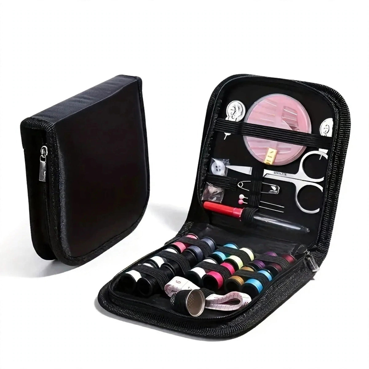 Portable mini travel sewing kit in a slim black case with needles, thread, buttons, and scissors