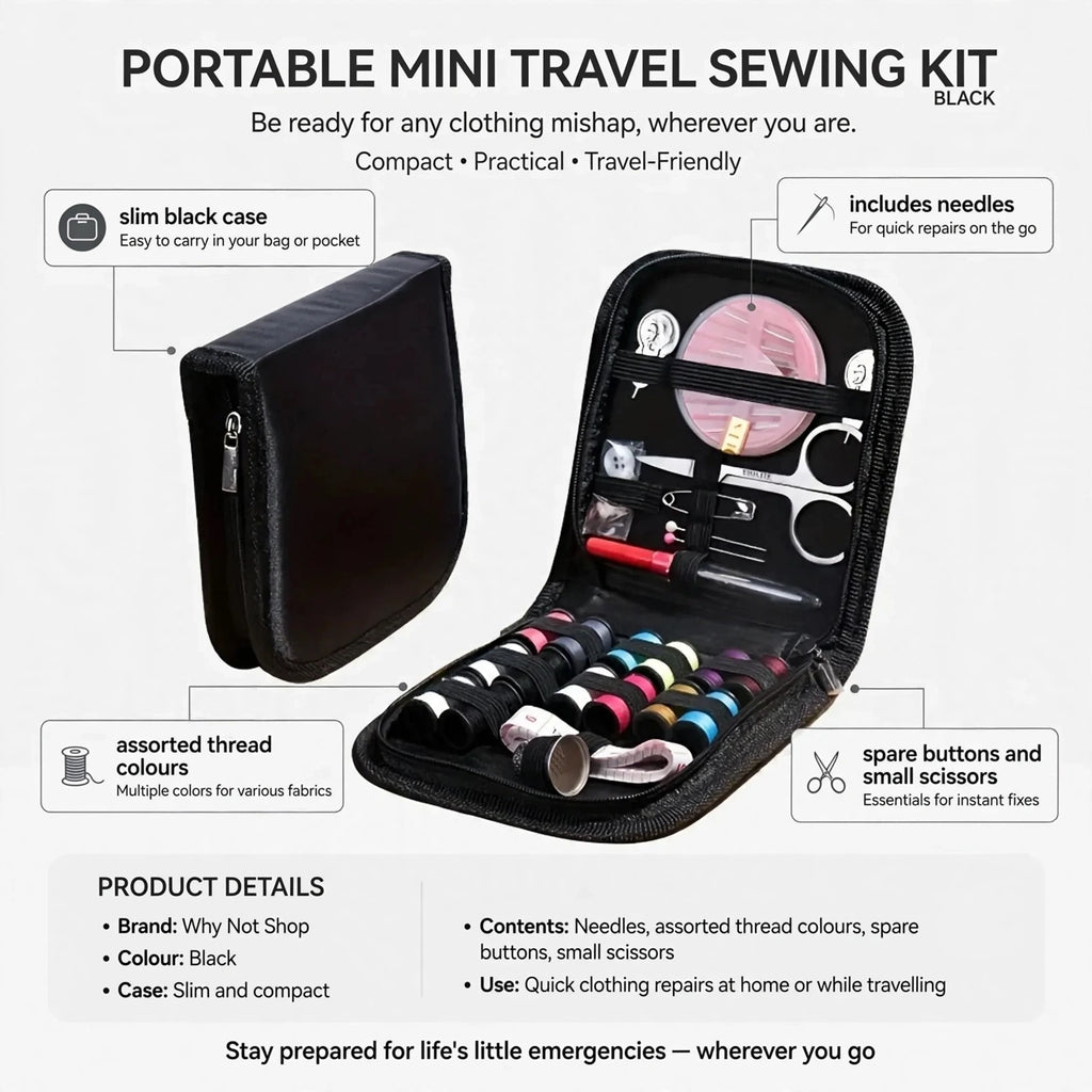 Infographic showing slim black case and contents including needles, assorted thread colours, spare buttons, and small scissors