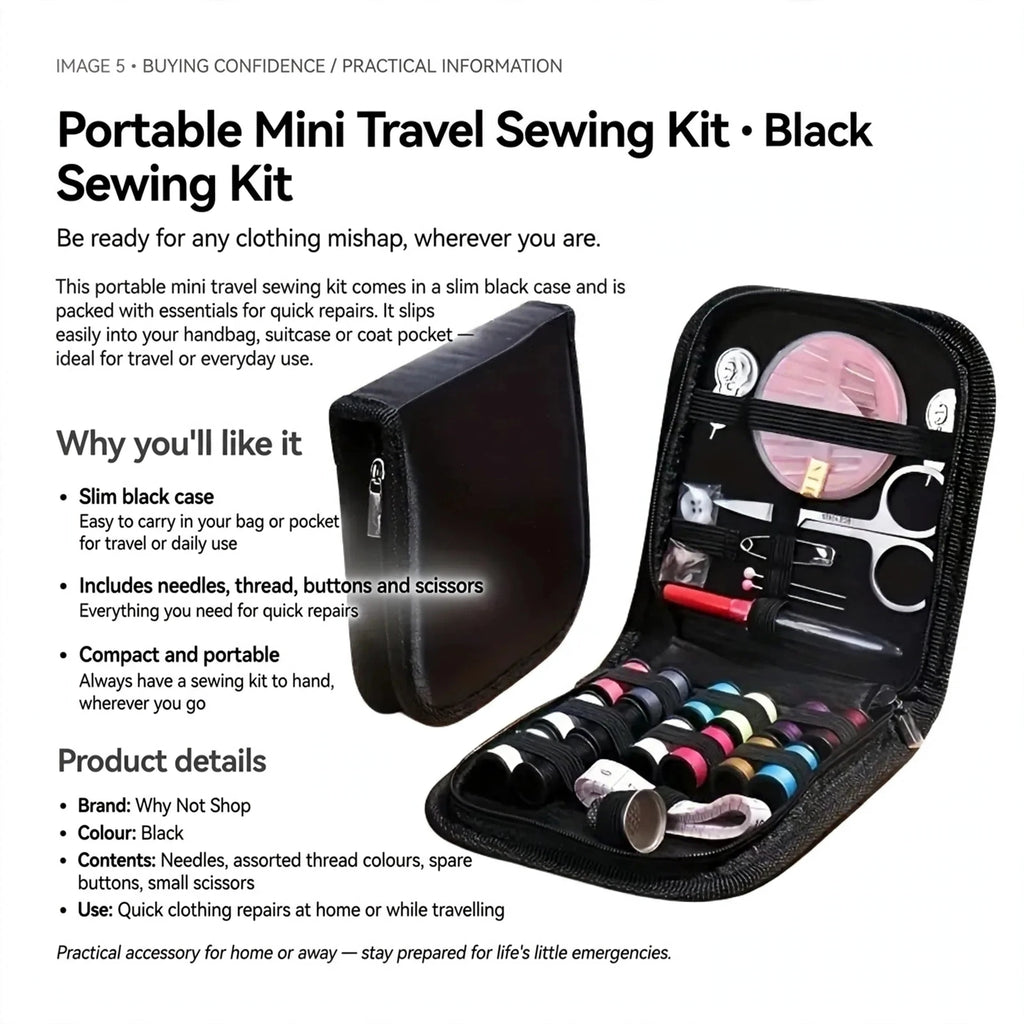Portable sewing kit for quick clothing repairs at home or while travelling