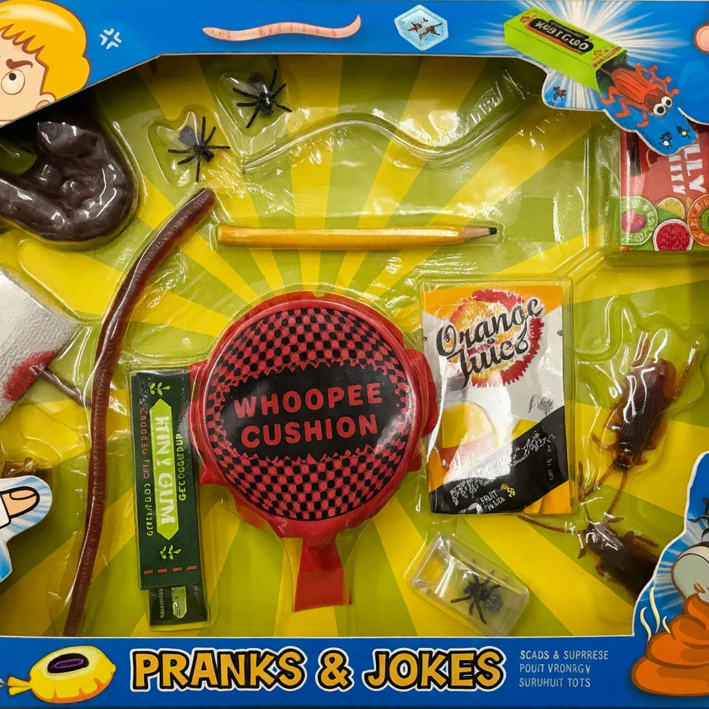 Close-up view of prank toys included in the Prank Toys Gag Gift Box 15 joke set