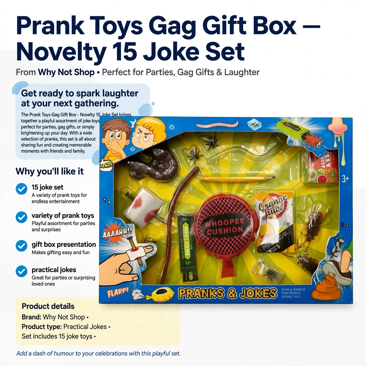 Infographic showing 15 joke set features including variety of prank toys and gift box presentation