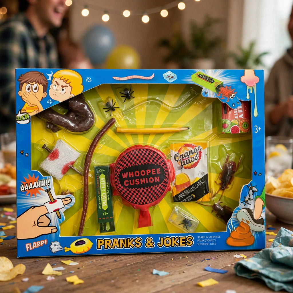 Prank Toys Gag Gift Box 15 joke set displayed for parties or gifting occasions