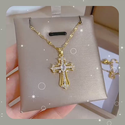 Elegant Gold Cross Pendant Necklace - Stainless Steel Chain with Copper Pendant