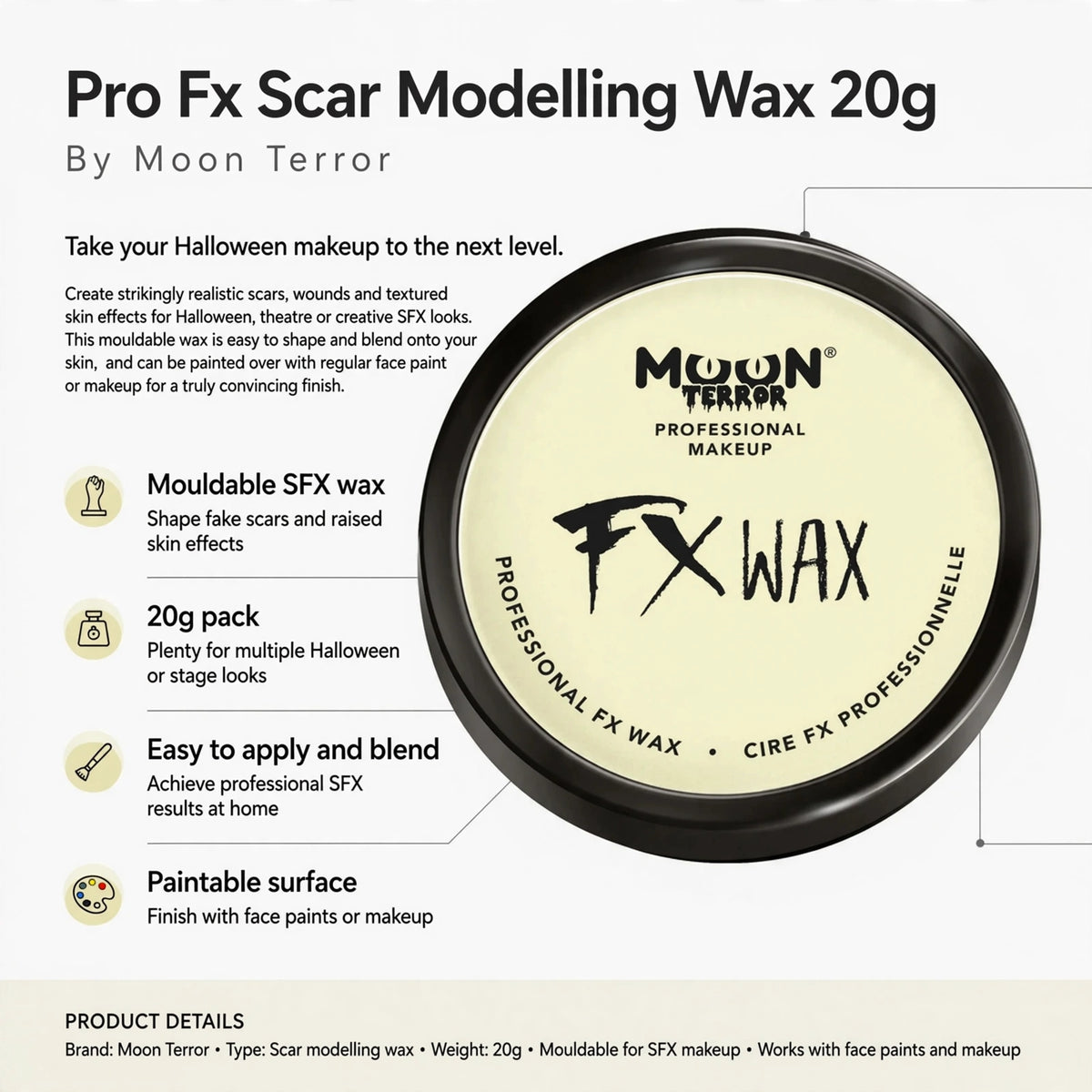Infographic showing mouldable scar modelling wax features and paintable surface
