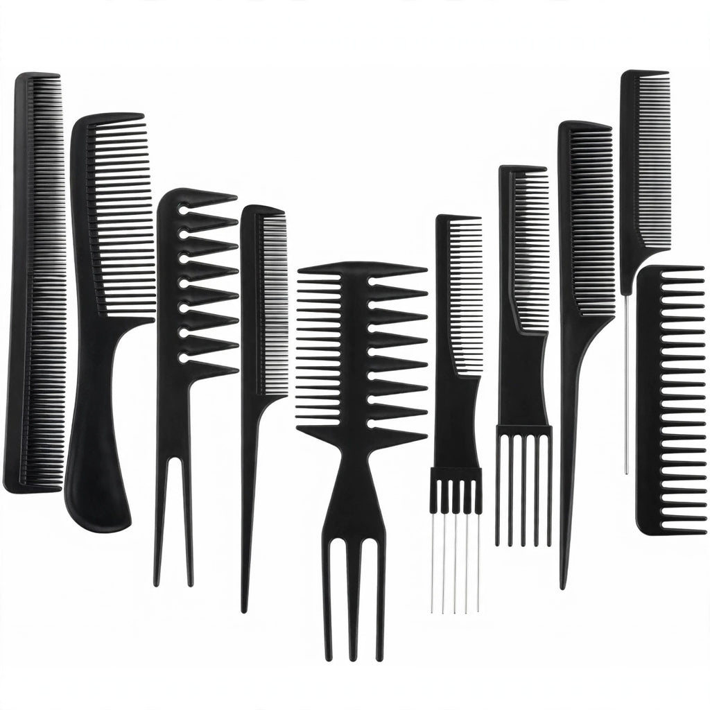 Close-up view of assorted black combs from the ten pack professional hair comb set