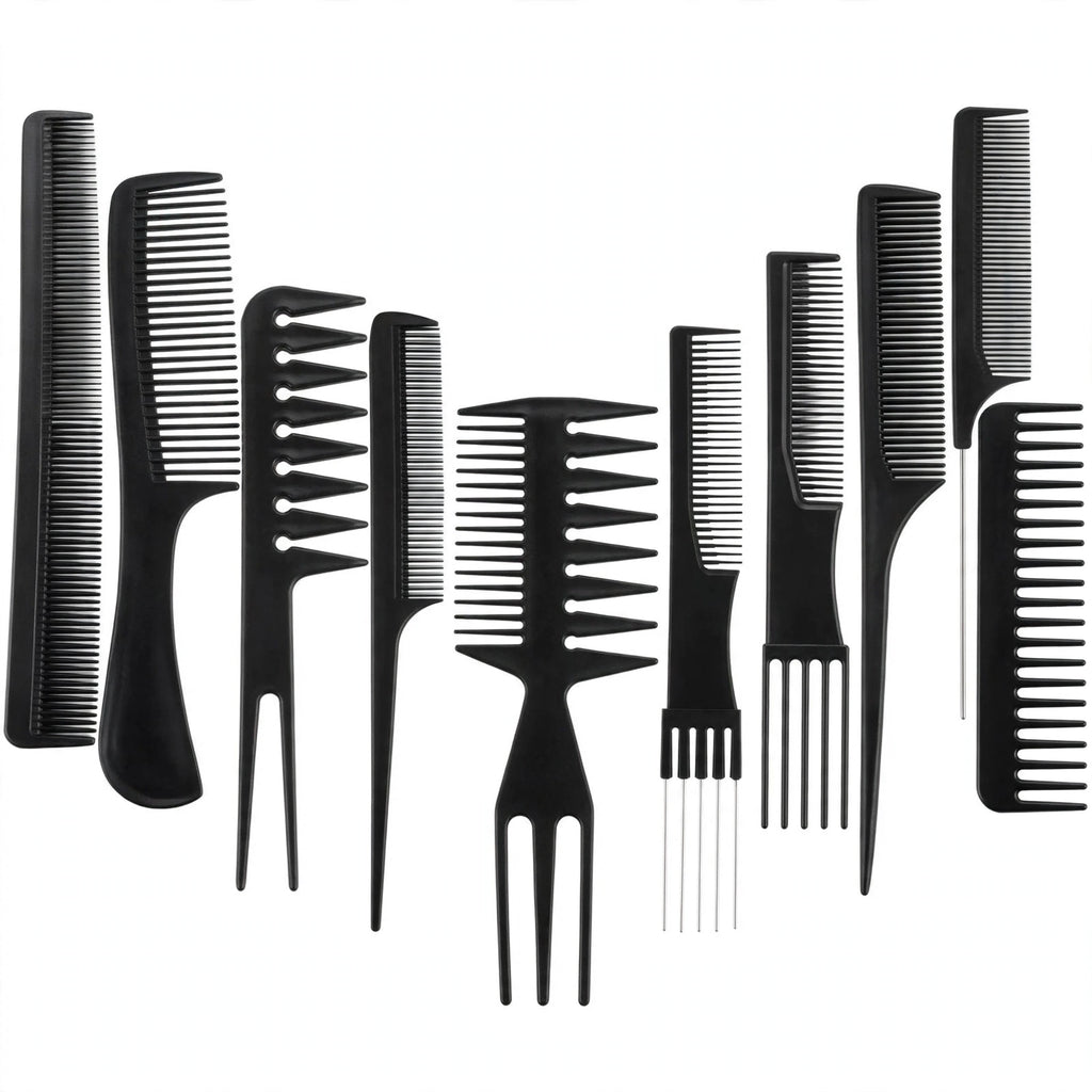 Ten pack professional hair comb set with assorted black combs