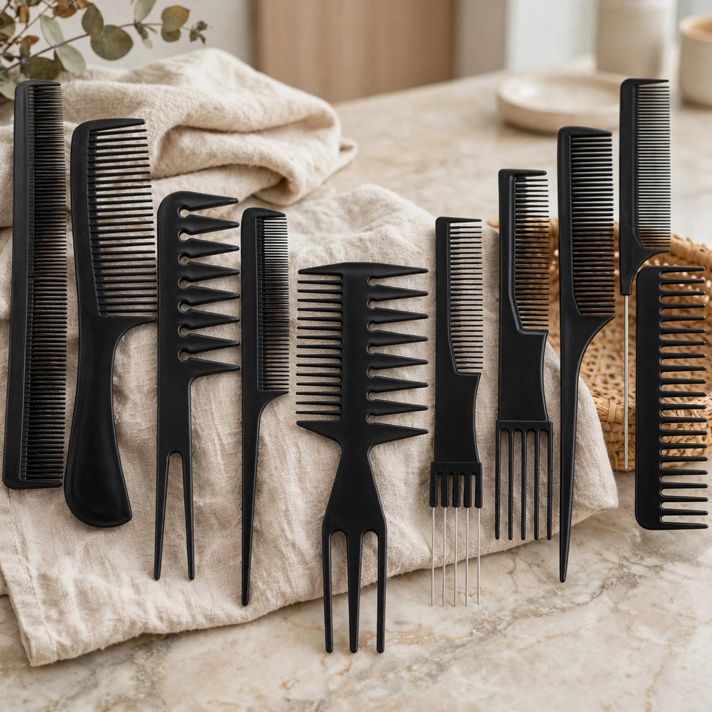 Professional hair comb set displayed for home, travel or salon use