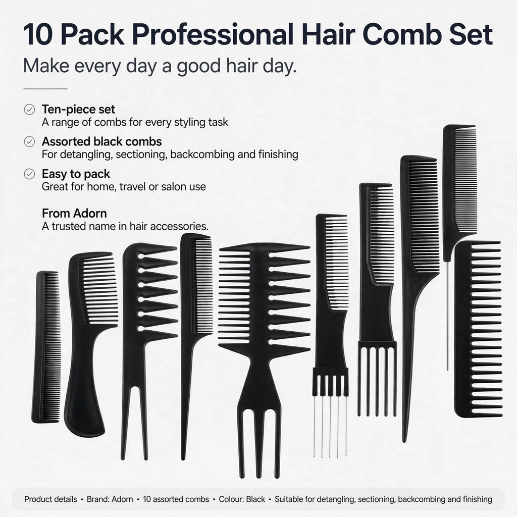 Ten-piece set of black combs suitable for detangling, sectioning, backcombing and finishing hair