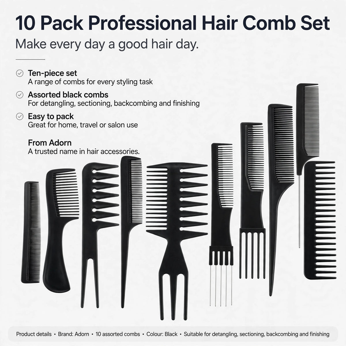 Ten-piece set of black combs suitable for detangling, sectioning, backcombing and finishing hair