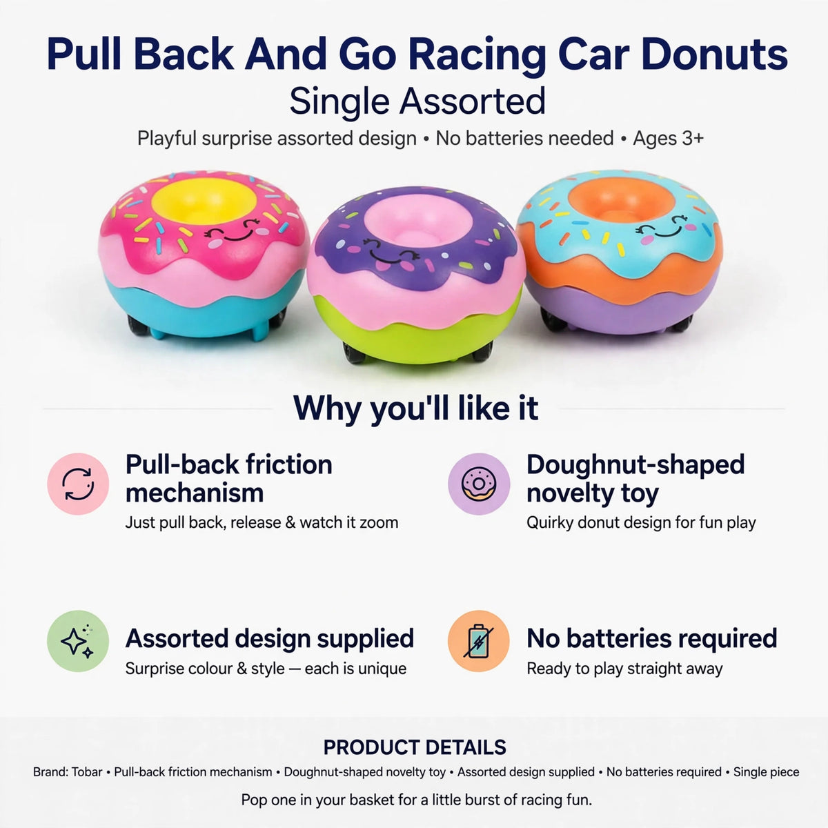 Infographic showing pull-back friction mechanism and doughnut-shaped novelty design