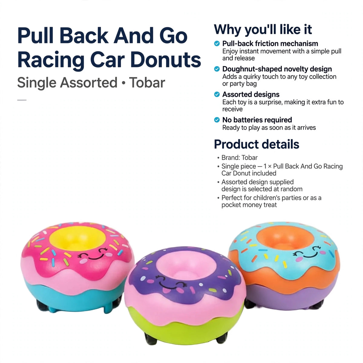 Pull-back racing car toy with no batteries required and assorted surprise designs