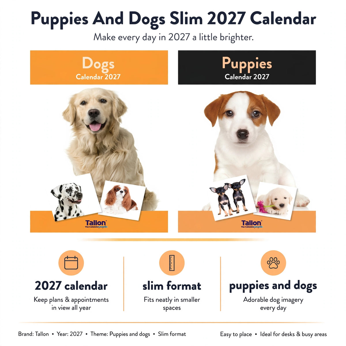 Infographic showing 2027 calendar features including slim format and dog theme