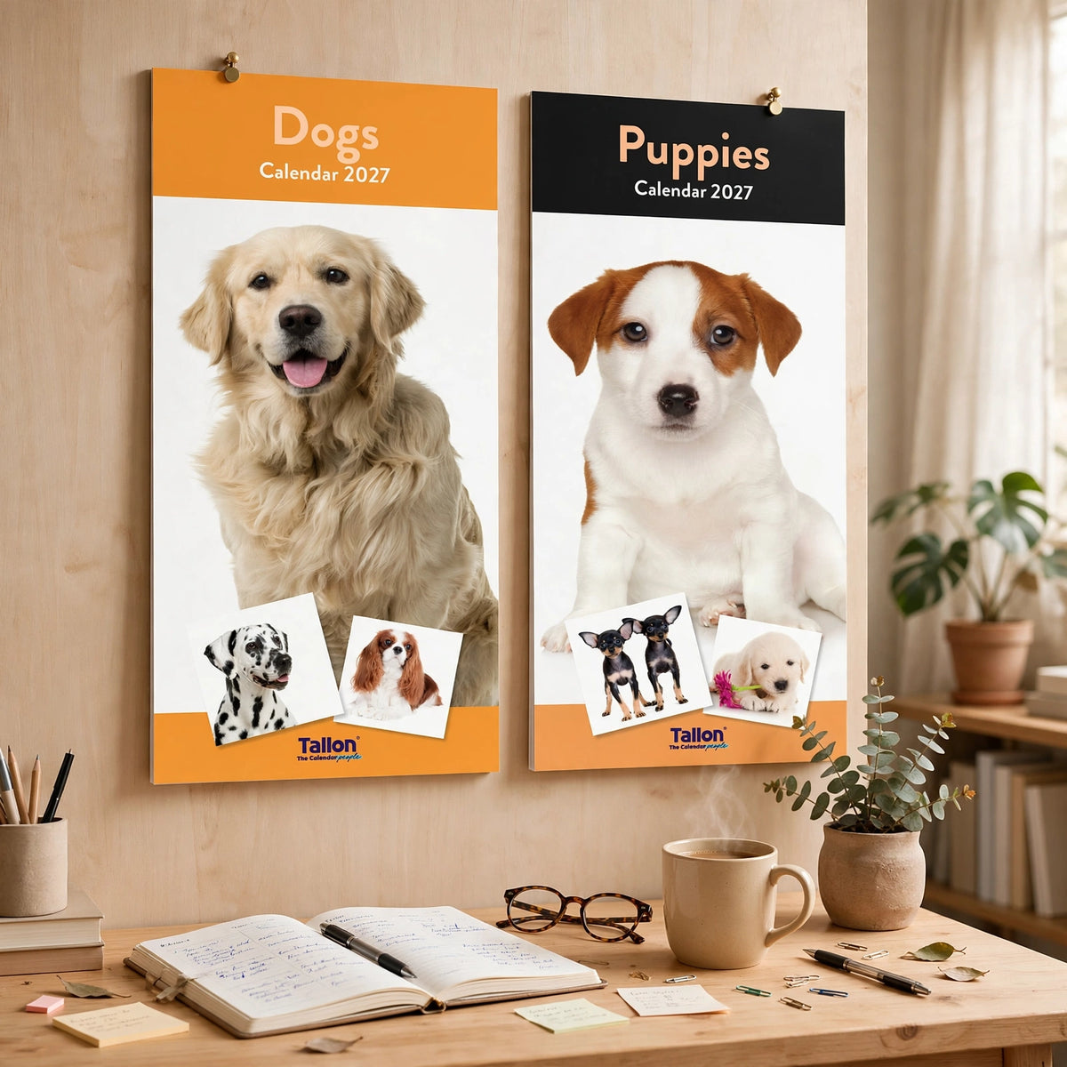 Puppies And Dogs Slim 2027 Calendar placed near a desk for daily date checking