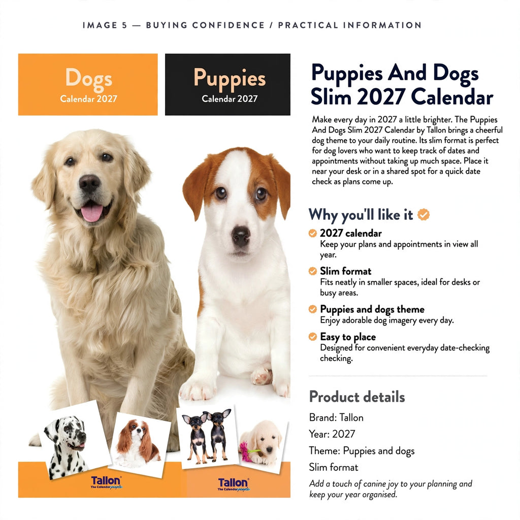 Information about the 2027 calendar with slim format and puppies and dogs theme