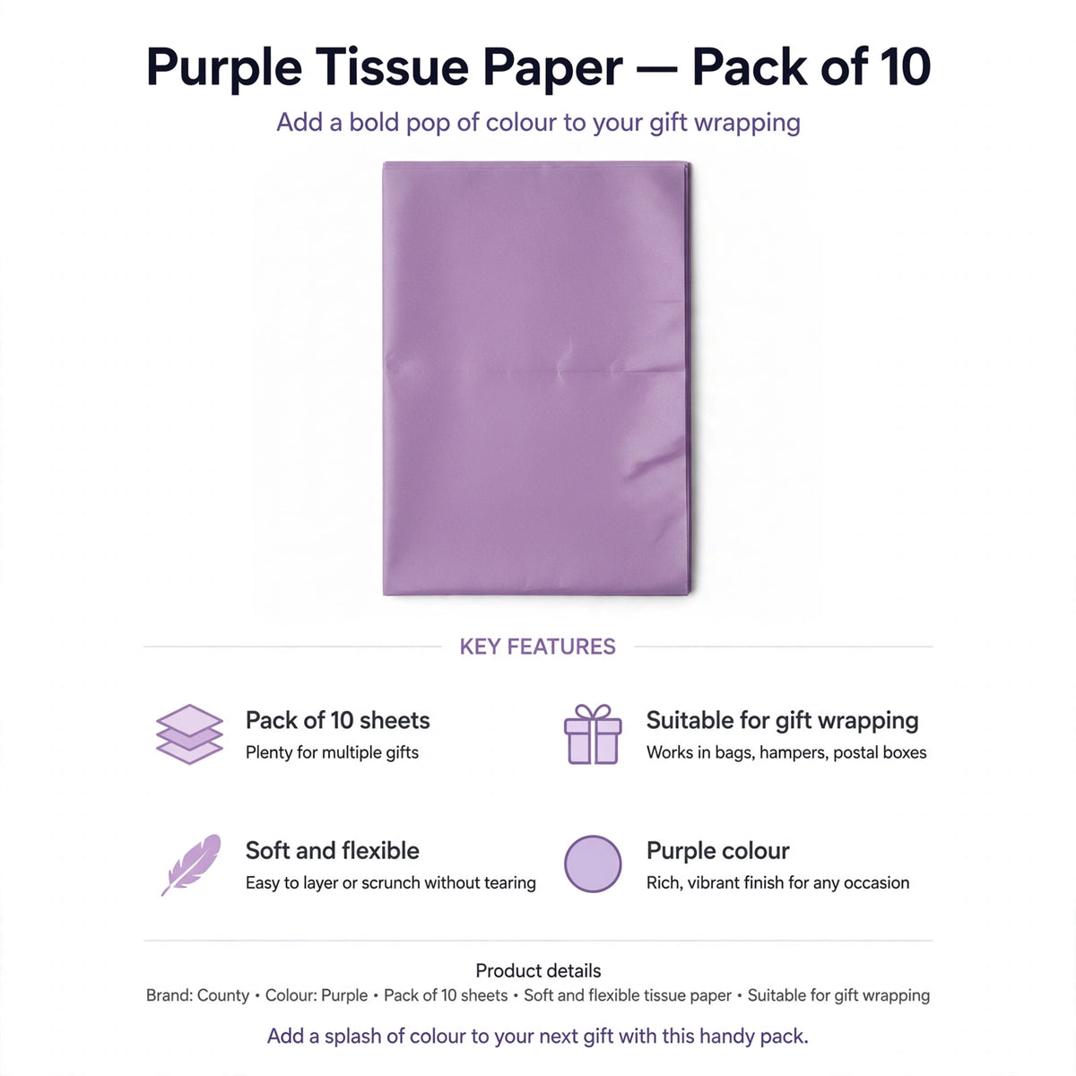 Features pack of 10 soft and flexible purple tissue paper sheets for gift wrapping