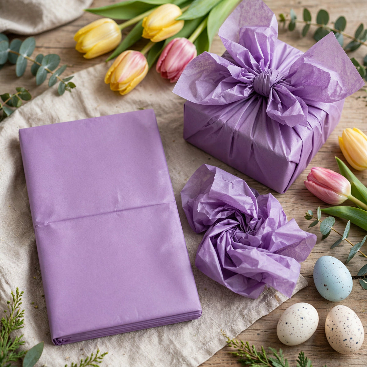 Purple tissue paper used to wrap gifts for birthdays, Mother's Day, Easter, or other occasions