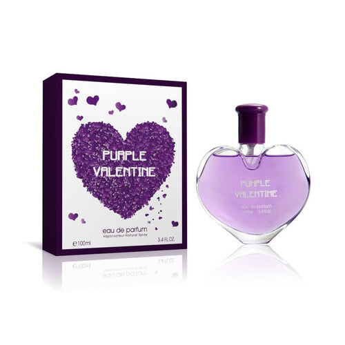 Purple Valentine Eau de Parfum 100ml bottle and its matching purple and white box, displayed on a clean white background with a soft reflection.