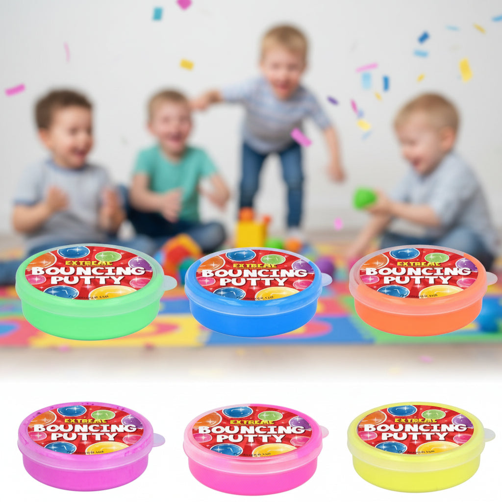 Set of six containers of bouncing putty in different colors.