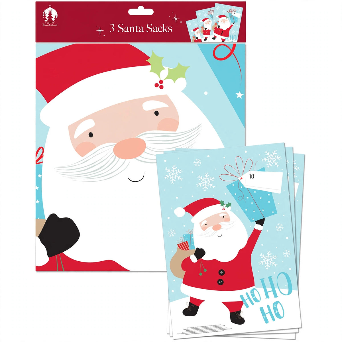 PVC Santa Christmas sacks pack of 3 with traditional Santa design and loop handles