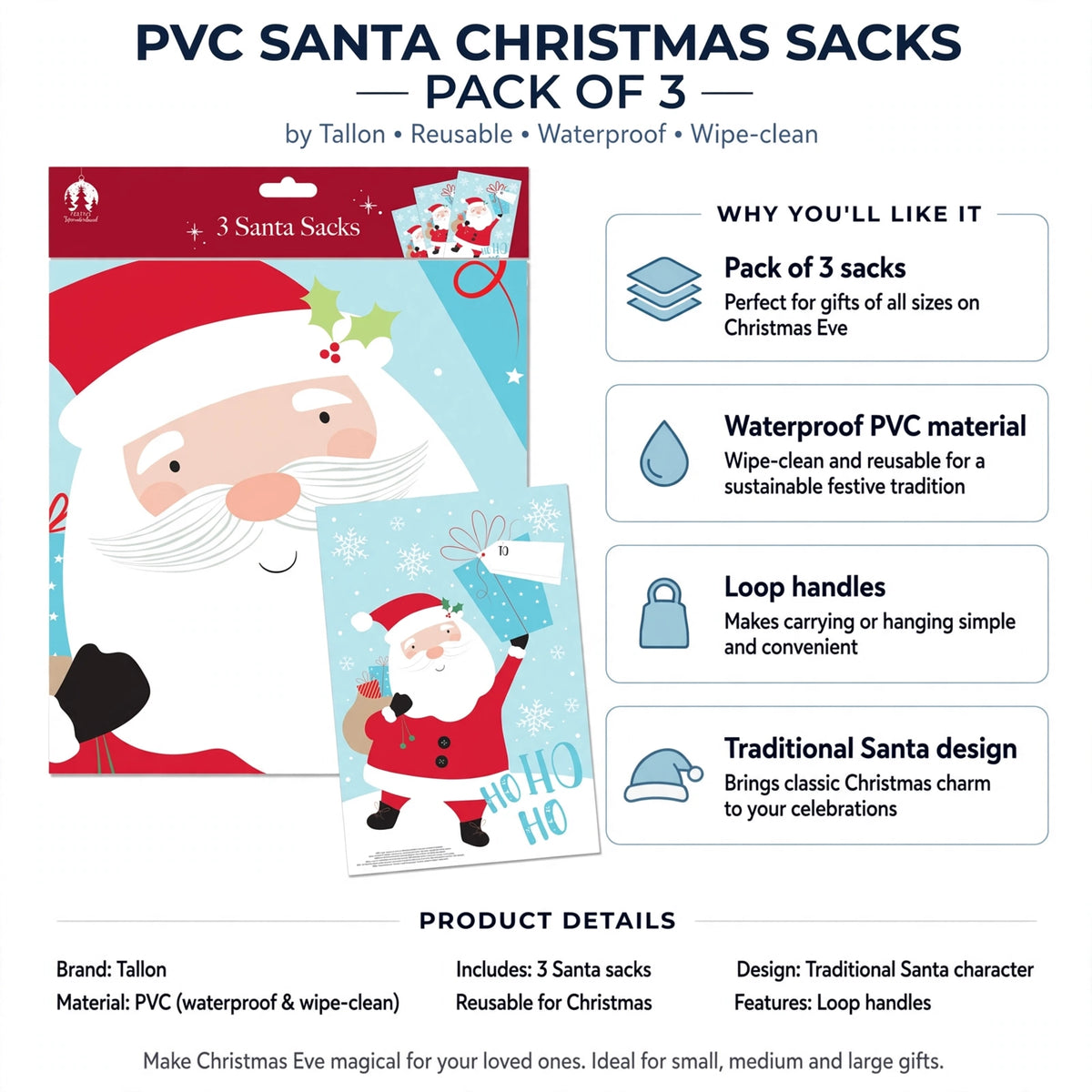 Infographic showing pack of 3 PVC Santa sacks with waterproof material and loop handles