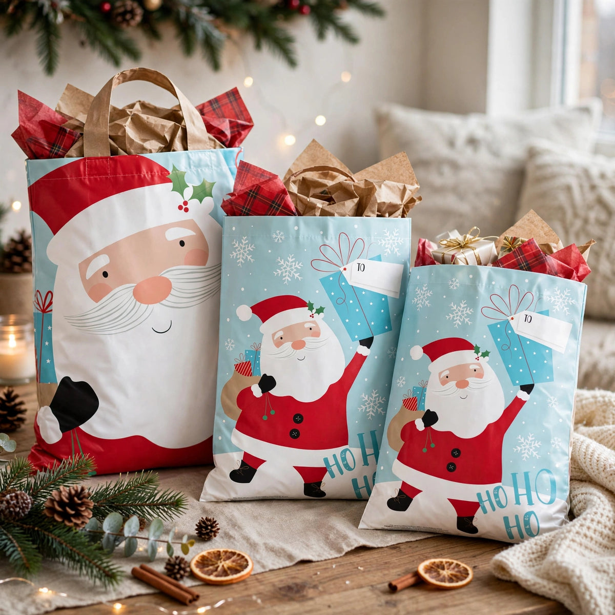 PVC Santa Christmas sacks displayed ready to hold gifts for Christmas Eve
